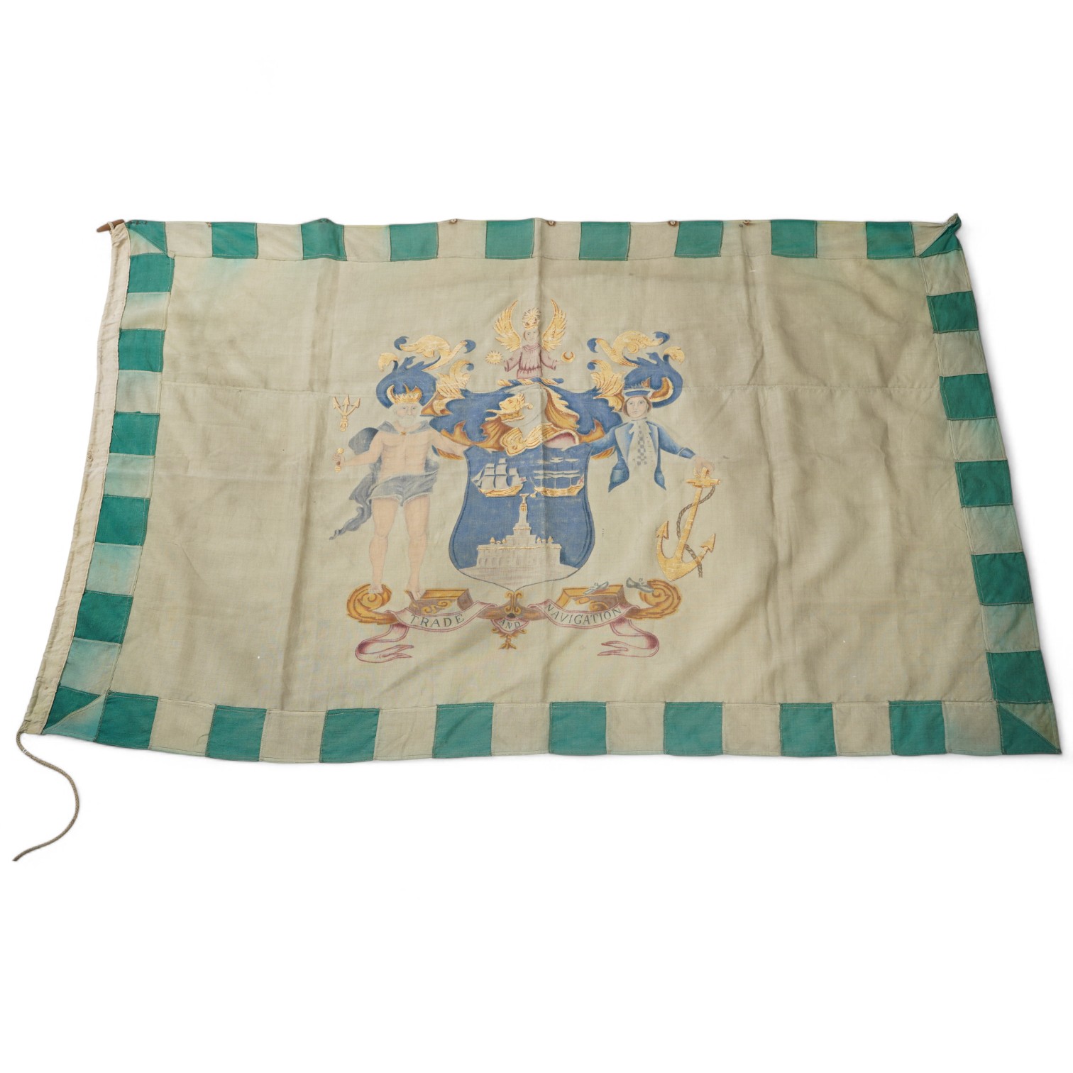 An unusual early 20th century hand painted British Royal Exchange Assurance Company ensign. Formed in 1720 it insured ships and goods at sea, fire for buildings and life insurance. The company merged with Guardian Assura